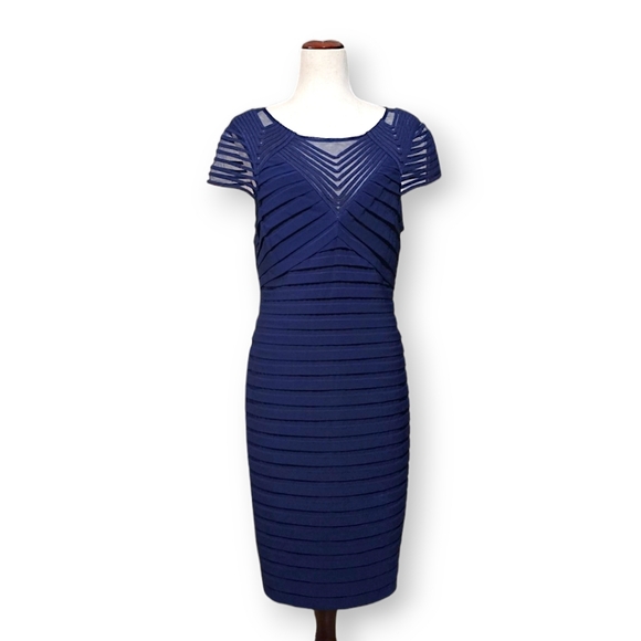Adrianna Papell Navy Blue Shutter Pleat Sheath Illusion Cocktail Party Dress, 16 - Picture 1 of 14